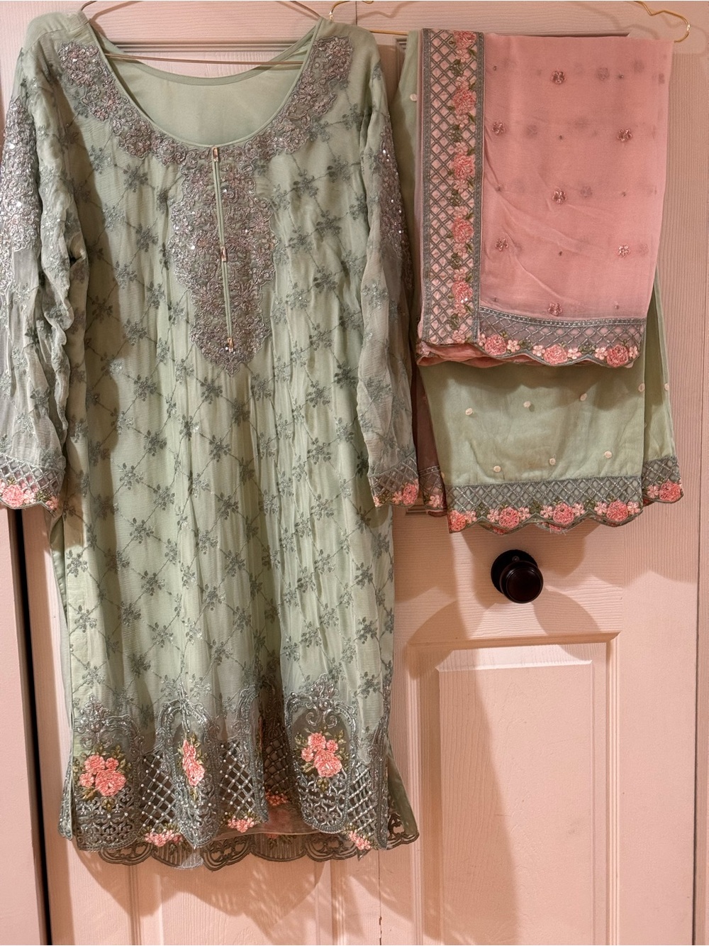 Embroidered Mint Green Long-Sleeve Dress with Pink Scarf